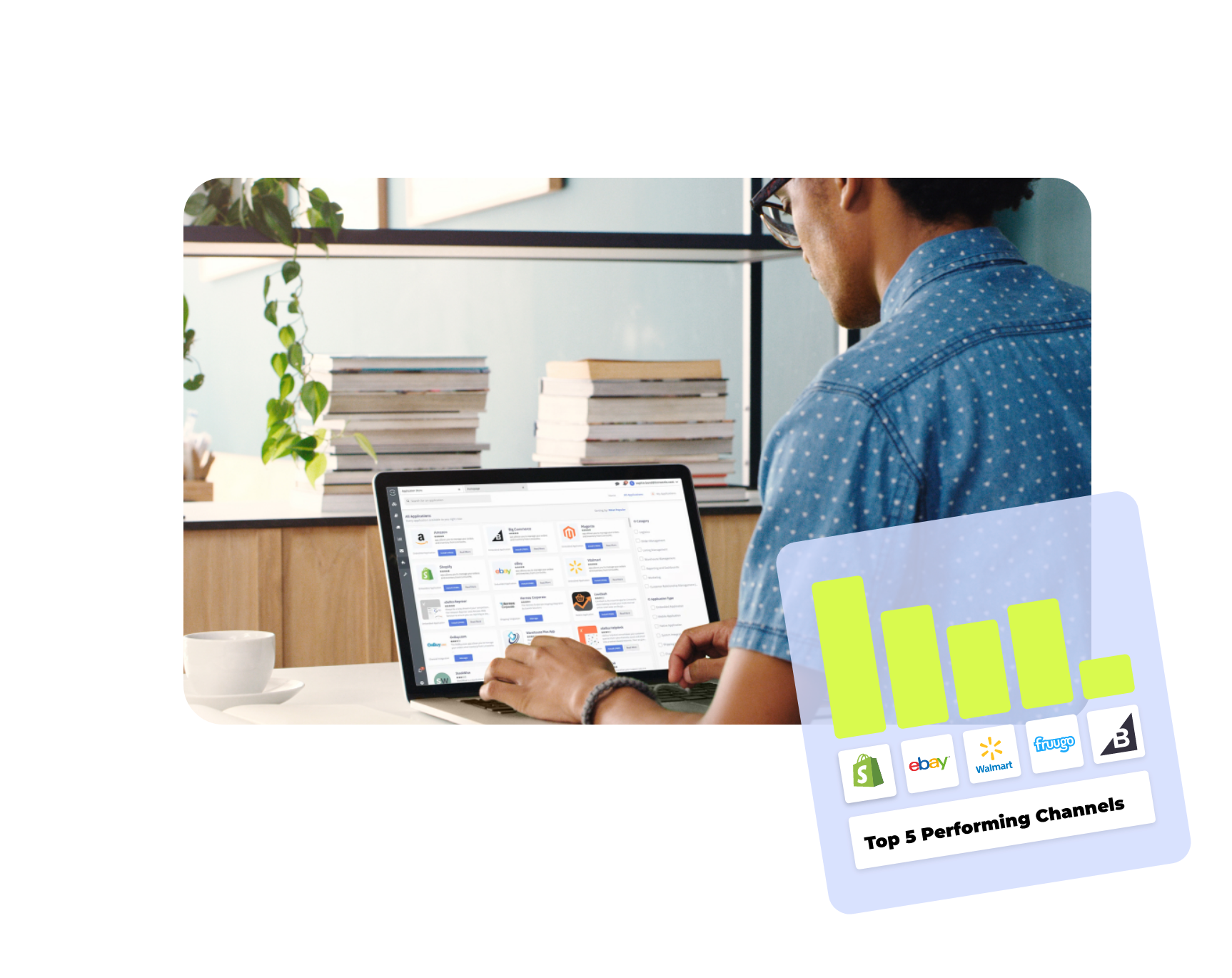 Person managing product listings on a laptop, with a chart showing top-performing sales channels like Shopify, eBay, Walmart, OnBuy, and BigCommerce, representing multichannel listing performance.
