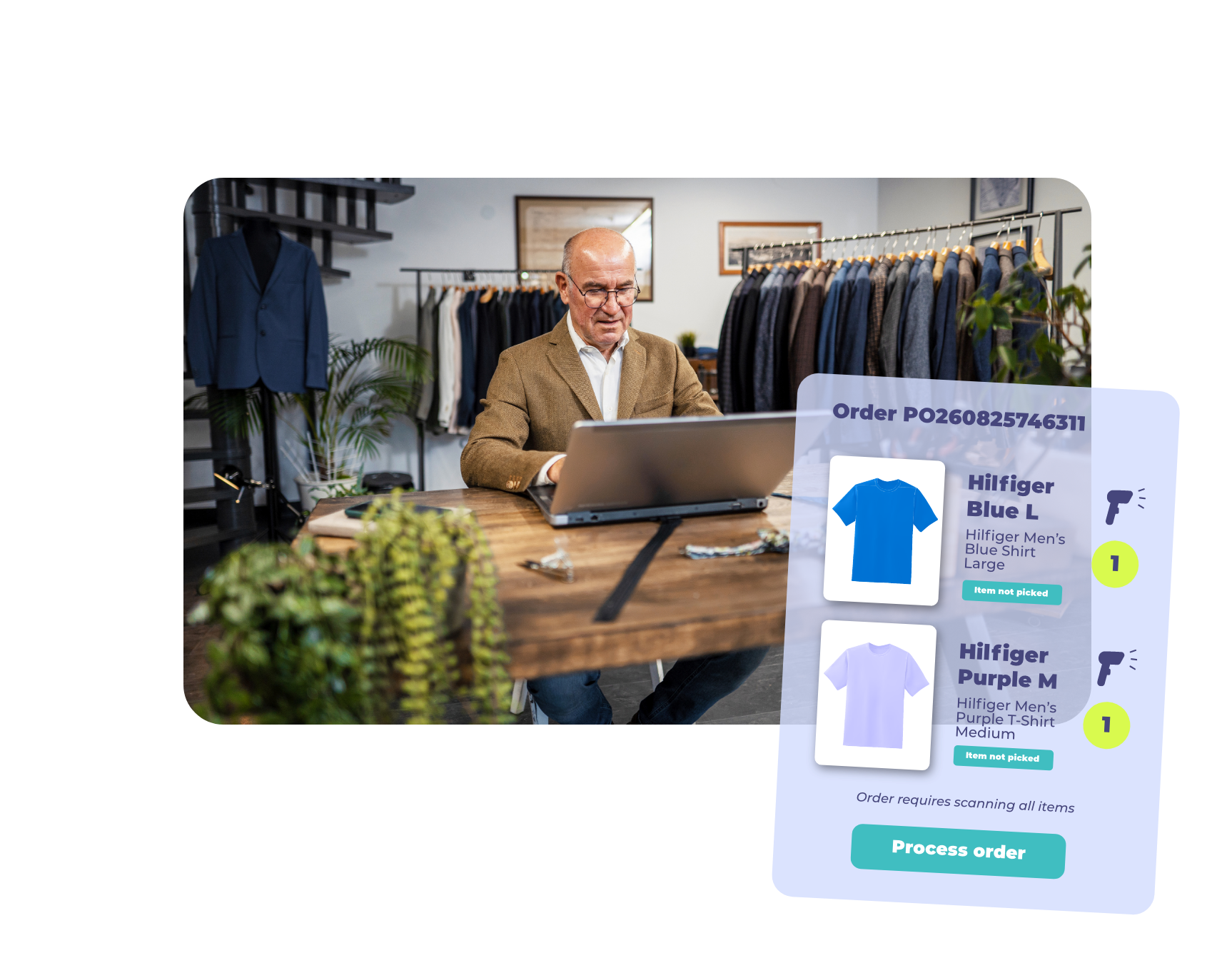 A man in a clothing store uses a laptop to manage online orders, with a digital order management system on screen showing pending items like Hilfiger shirts for picking and fulfillment.