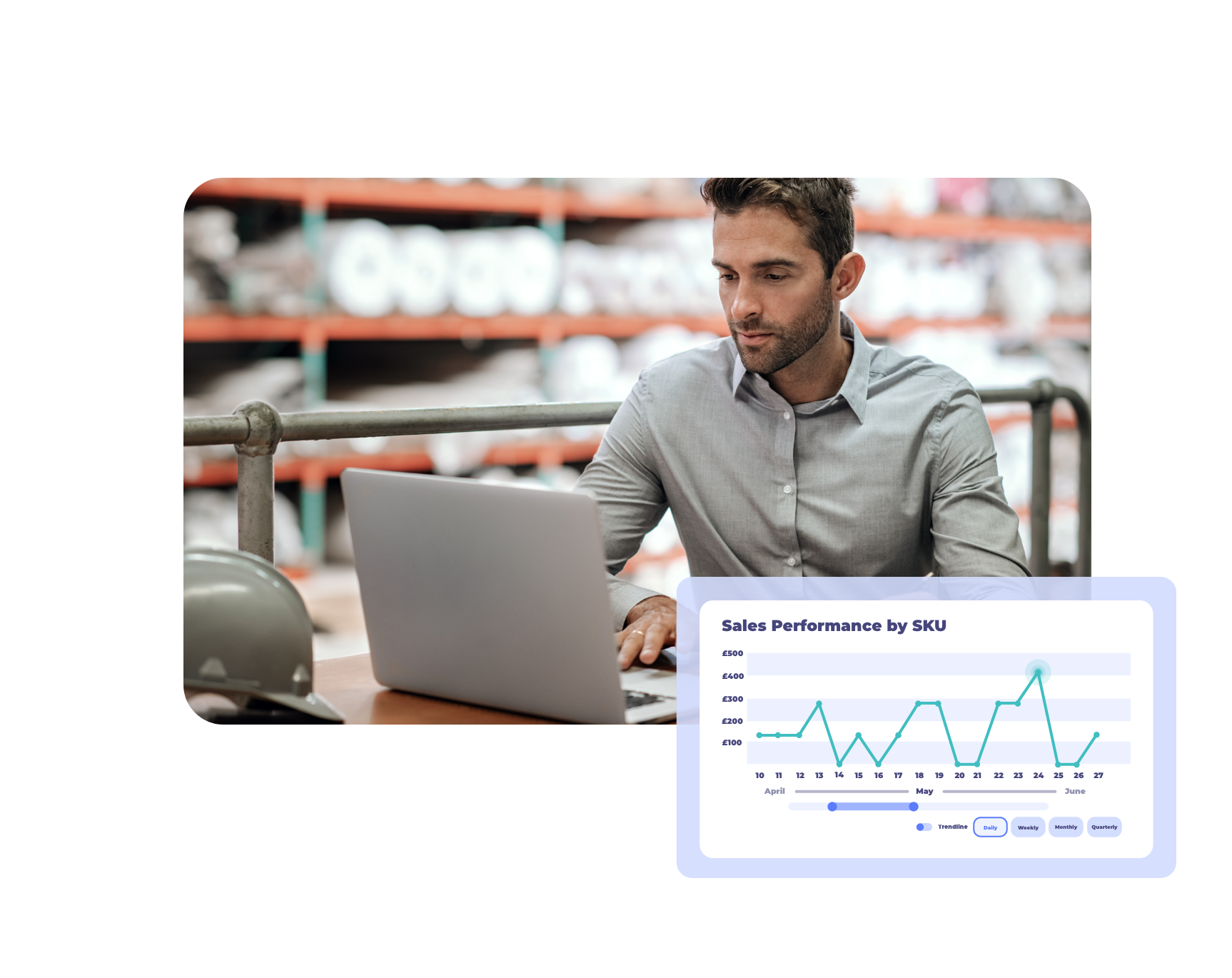 Warehouse manager analyzing sales performance data by SKU on a laptop, reviewing charts for insight reporting.