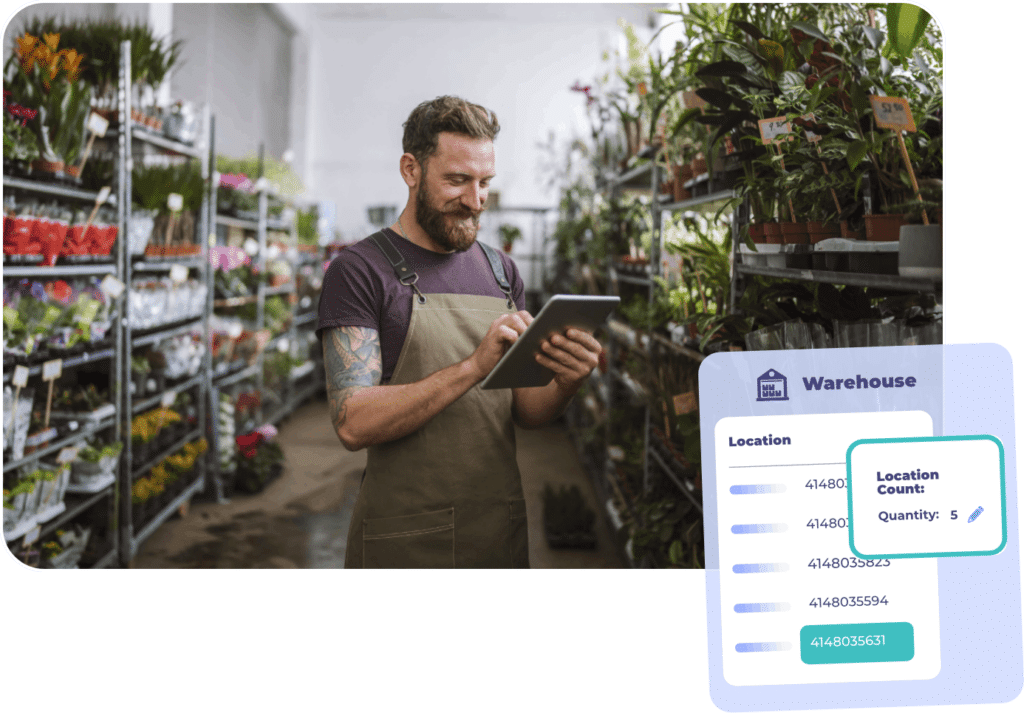 Employee using a tablet to check inventory levels in a plant warehouse, with an overlay showing warehouse location and quantity details for stock forecasting.