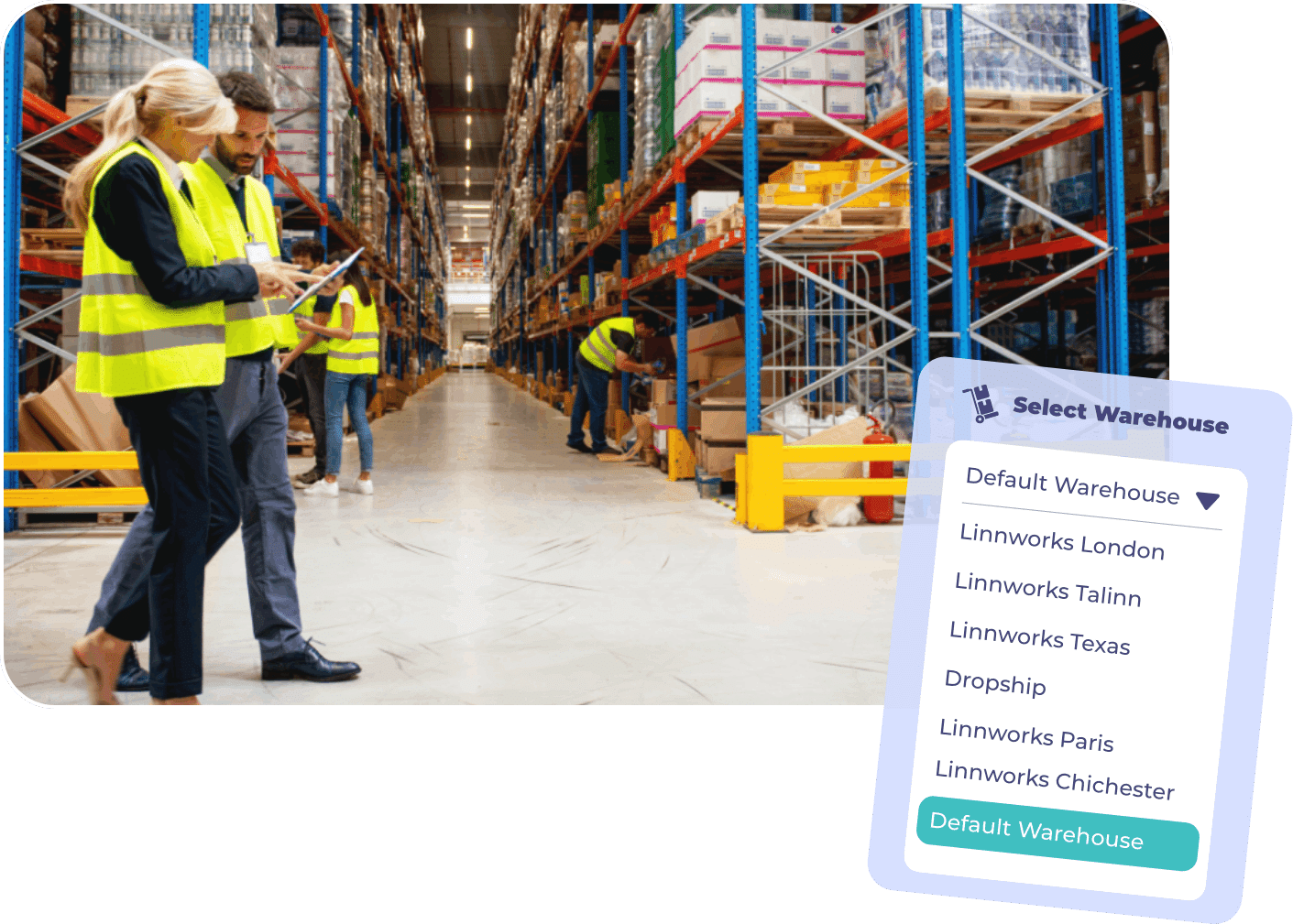 Hero image for Linnworks Warehouse Management System (WMS) showing warehouse staff in high-visibility vests working in a fully-stocked warehouse. An overlay of a 'Select Warehouse' menu with locations like London, Texas, and Paris.